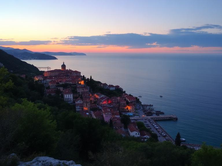 Vista sul borgo affacciato sul mare al tramonto.